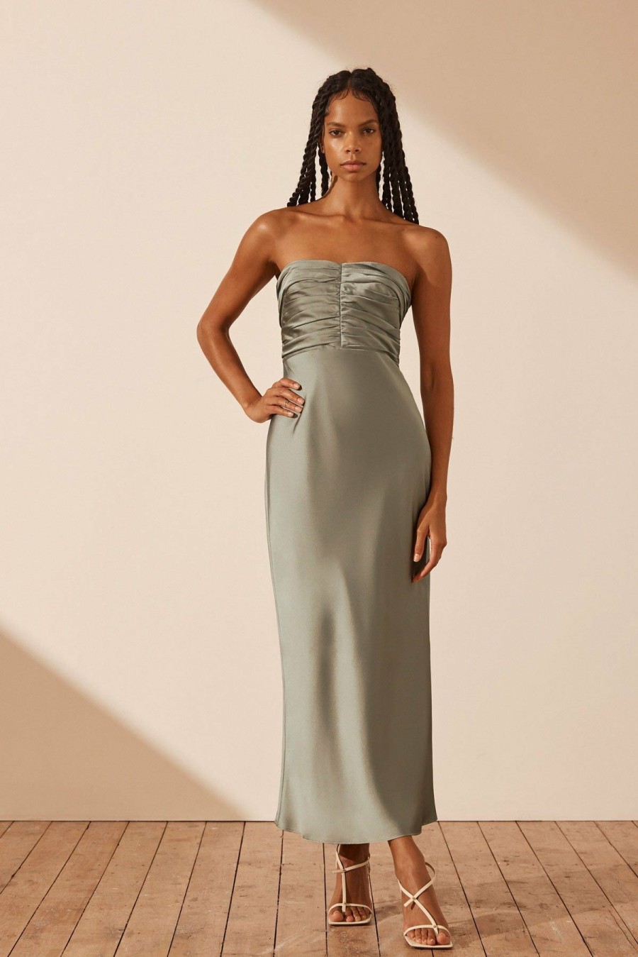 Clothing Shona Joy | Luxe Strapless Ruched Bodice Midi Dress - Eucalyptus