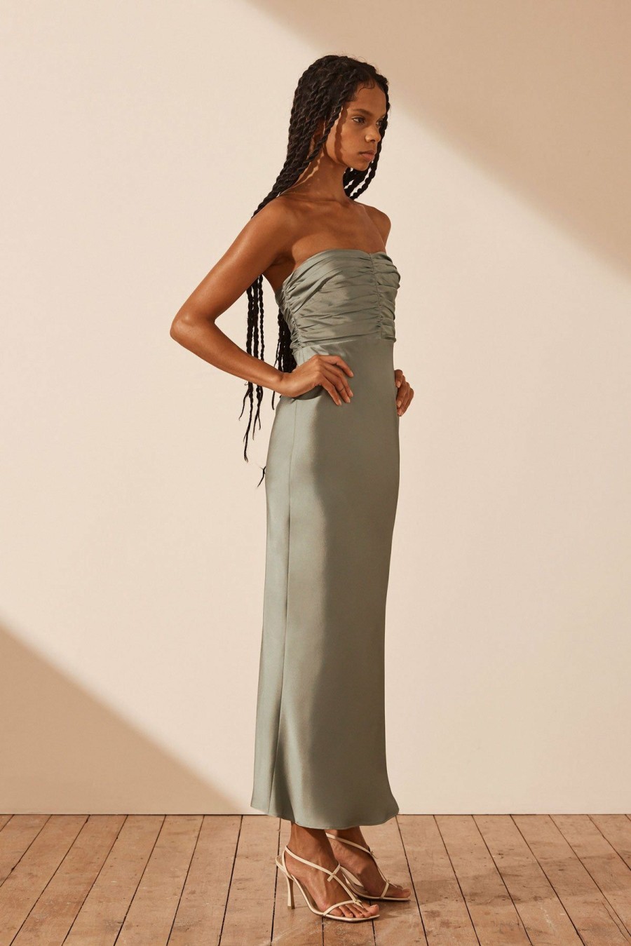 Clothing Shona Joy | Luxe Strapless Ruched Bodice Midi Dress - Eucalyptus