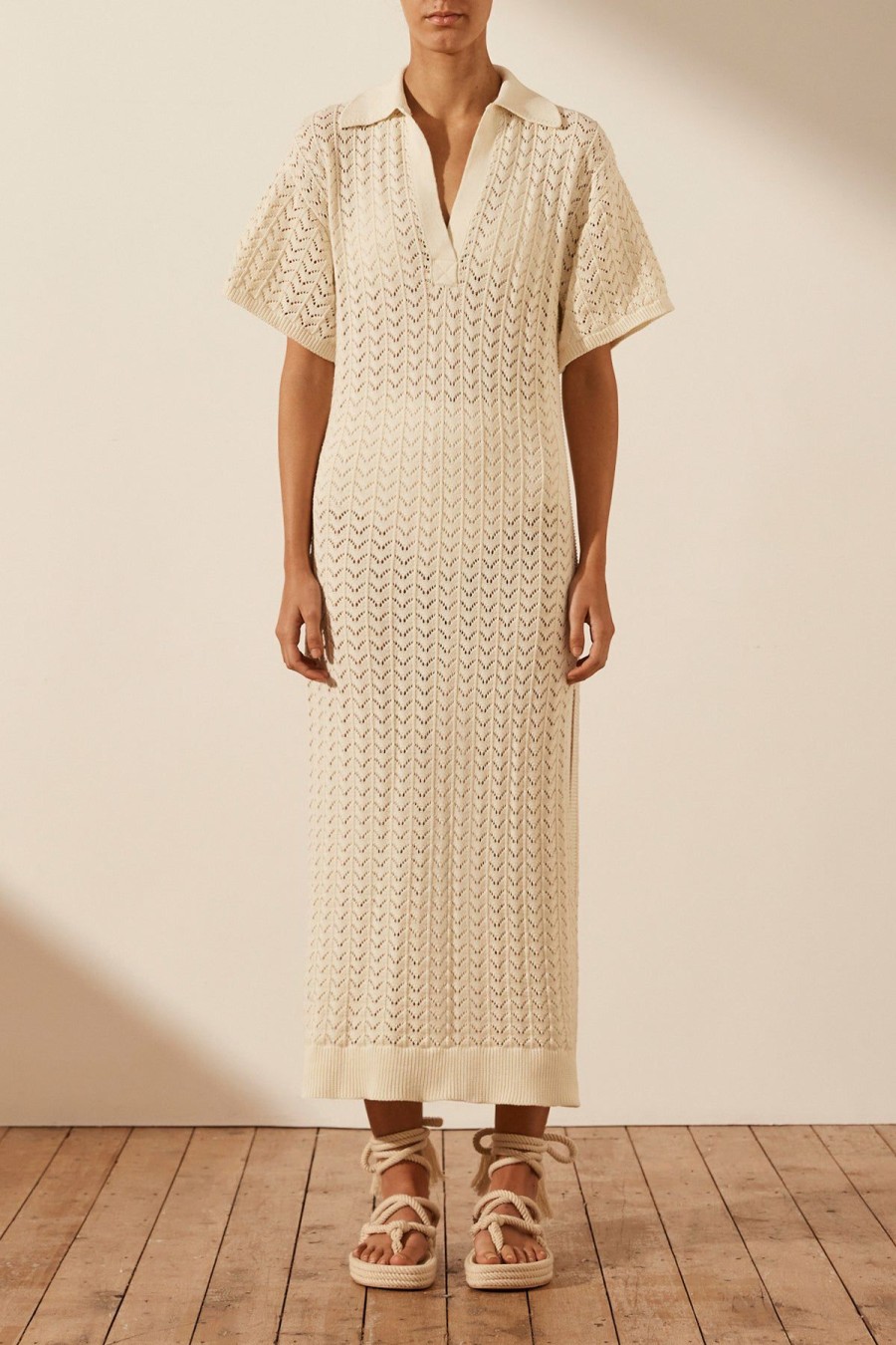 Clothing Shona Joy | Mikala Crochet Polo Midi Dress - Coconut