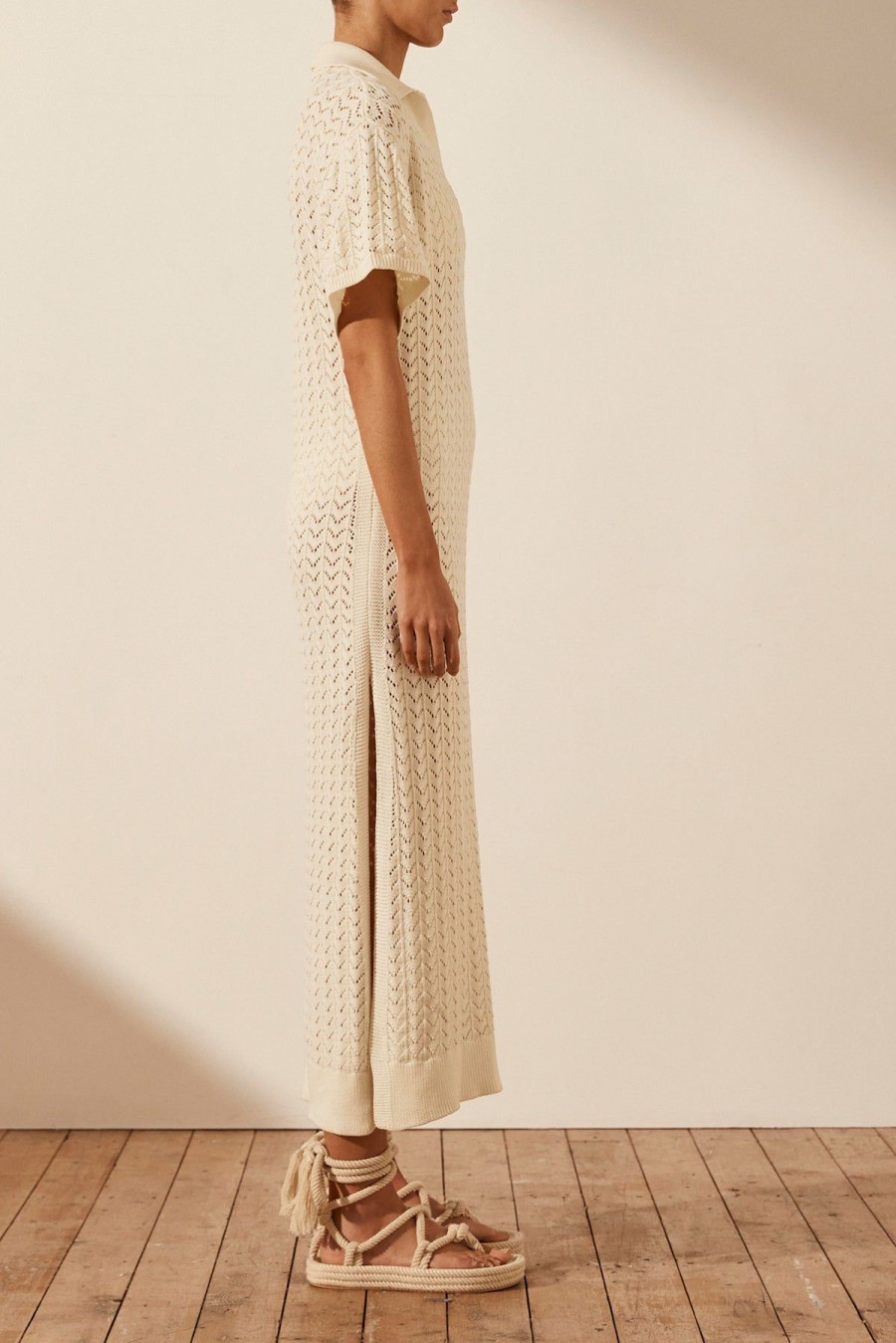 Clothing Shona Joy | Mikala Crochet Polo Midi Dress - Coconut