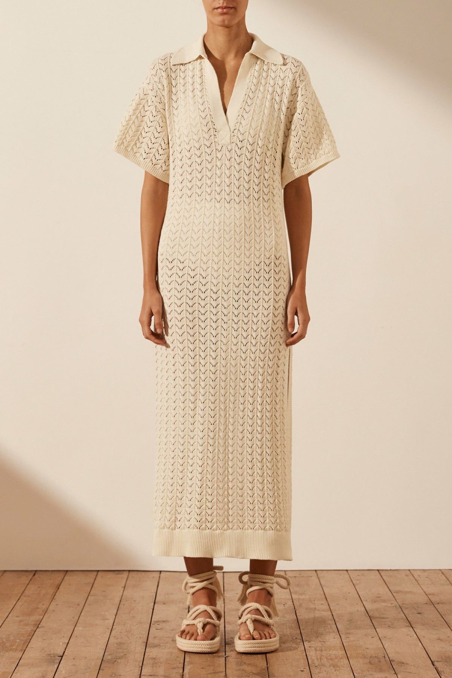 Clothing Shona Joy | Mikala Crochet Polo Midi Dress - Coconut