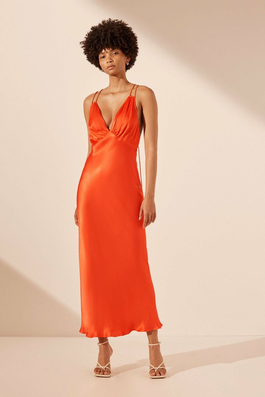 Clothing Shona Joy | Mia Contrast Plunged Double Strap Midi Dress - Red Orange / Hibiscus