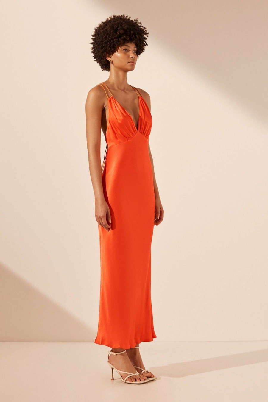 Clothing Shona Joy | Mia Contrast Plunged Double Strap Midi Dress - Red Orange / Hibiscus