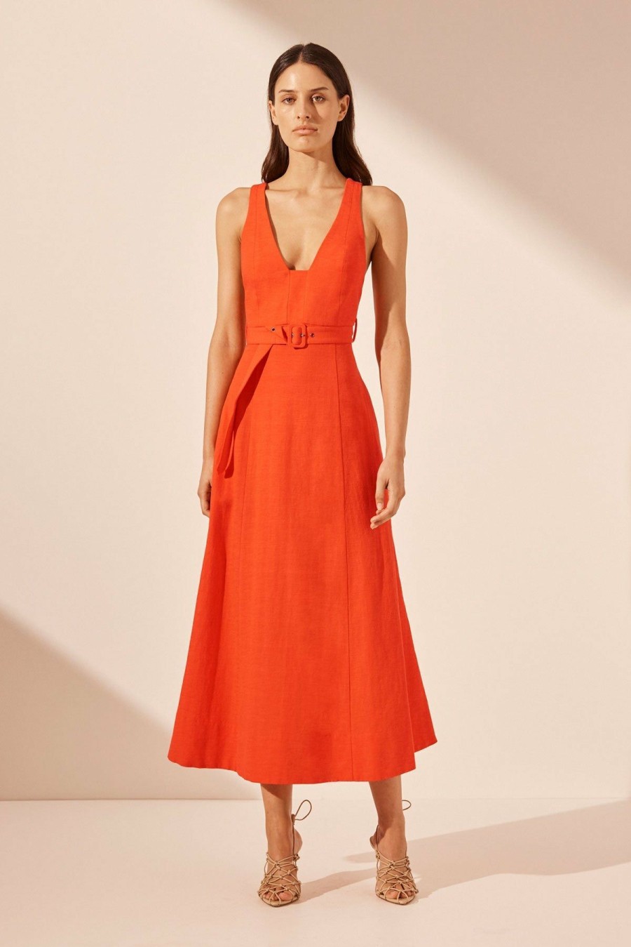 Clothing Shona Joy | Cecilia Plunged Panelled Midi Dress - Hibiscus