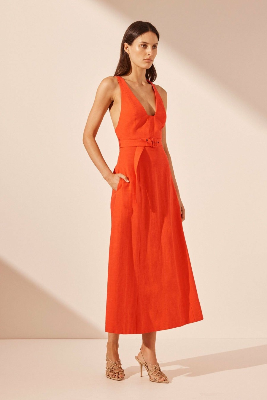 Clothing Shona Joy | Cecilia Plunged Panelled Midi Dress - Hibiscus