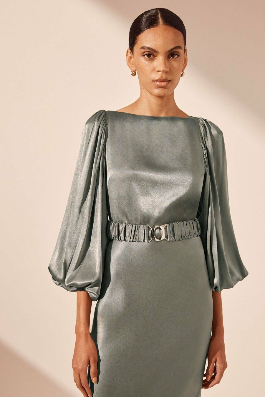 Clothing Shona Joy | La Lune Balloon Sleeve Midi Dress With Belt - Sage