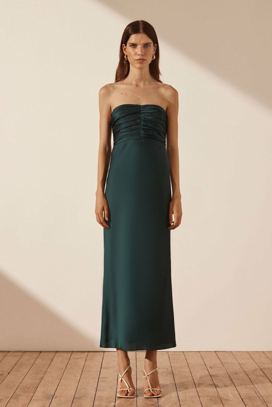 Clothing Shona Joy | Luxe Strapless Ruched Bodice Midi Dress - Emerald