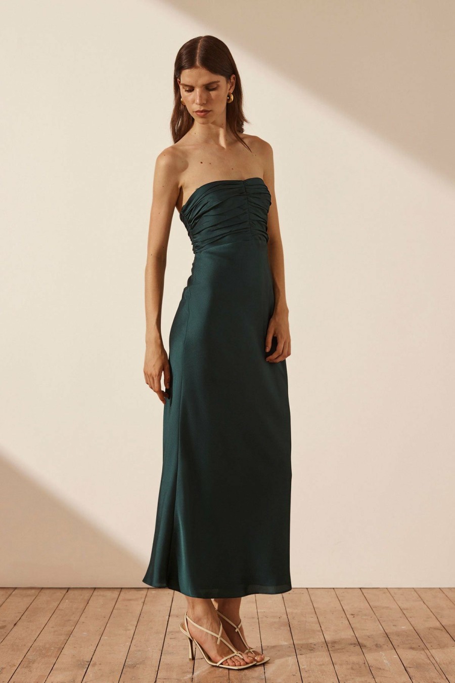 Clothing Shona Joy | Luxe Strapless Ruched Bodice Midi Dress - Emerald