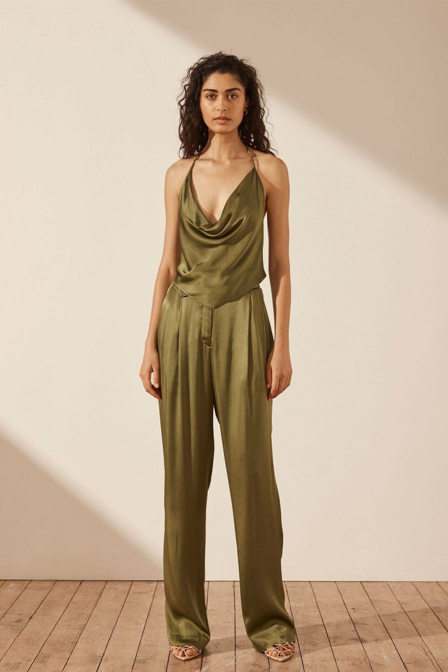 Clothing Shona Joy | Arienzo Halter Tie Back Cami - Green Olive