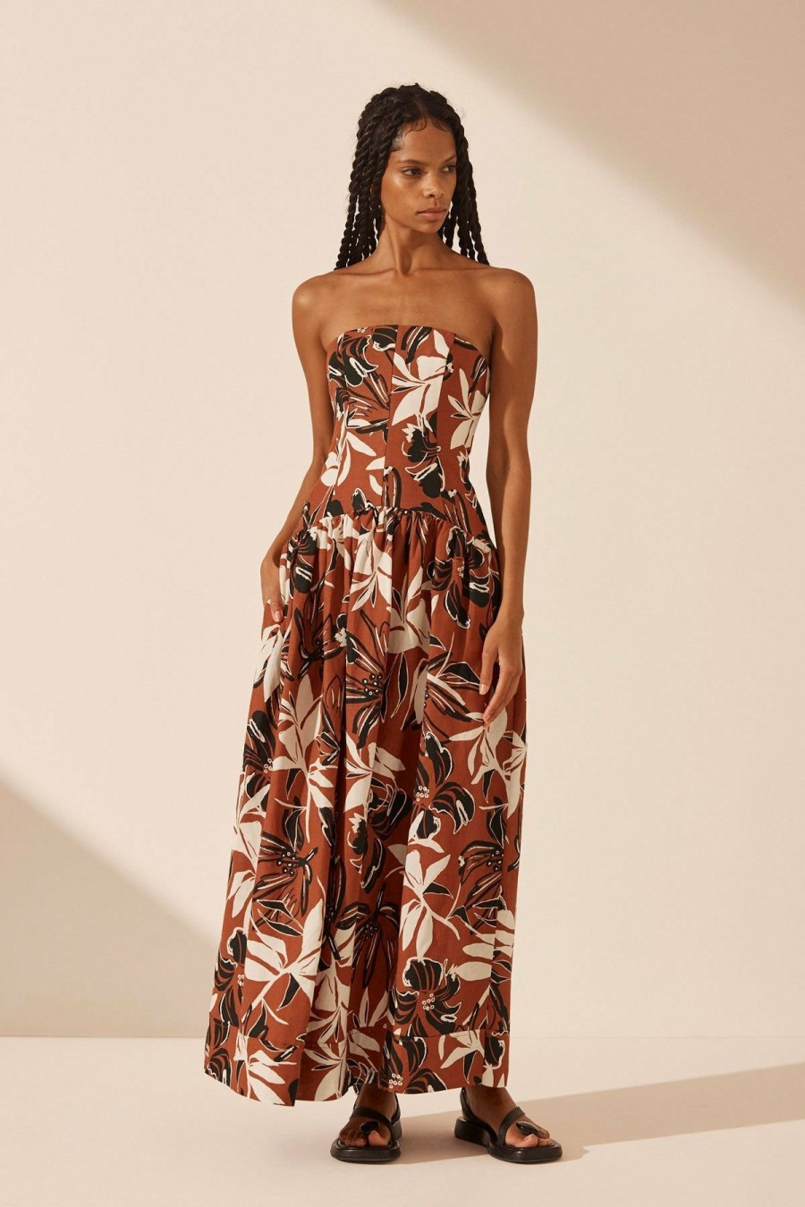 Clothing Shona Joy | Emma Linen Strapless Panelled Maxi Dress