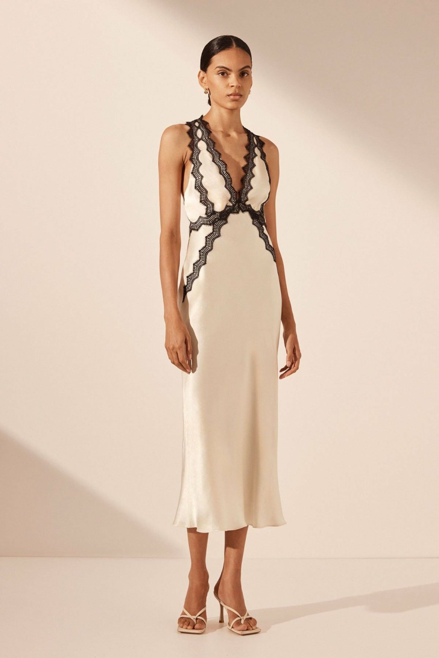 Clothing Shona Joy | Camille Lace Cross Back Midi Dress - Cream/Black