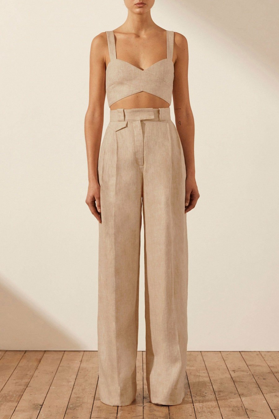 Clothing Shona Joy | Amanda Linen Tailored Wide Leg Pant - Sand