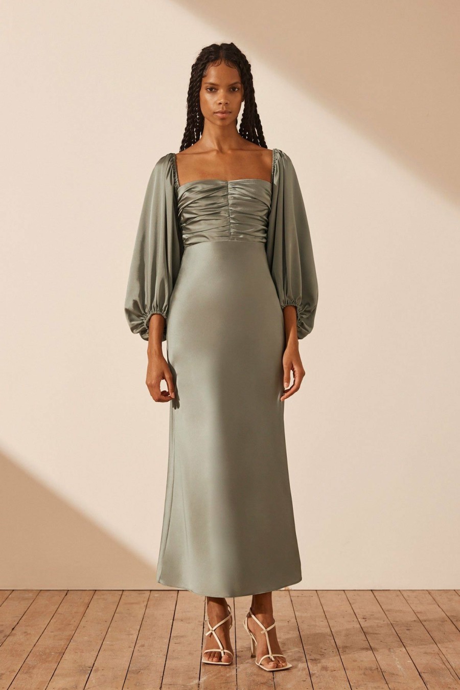 Clothing Shona Joy | Luxe Ruched Bodice Long Sleeve Midi Dress - Eucalyptus