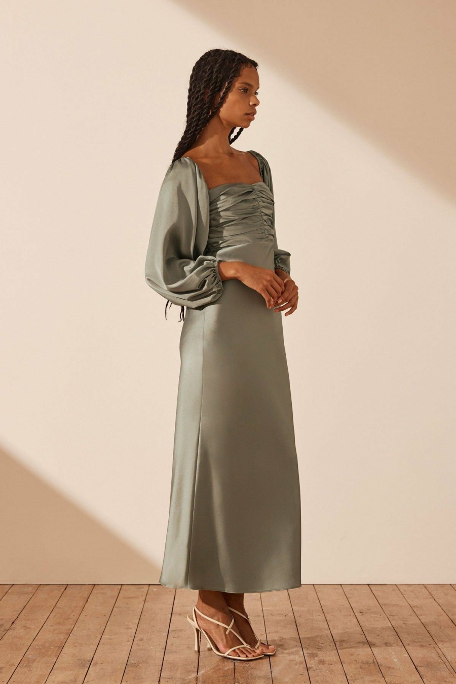 Clothing Shona Joy | Luxe Ruched Bodice Long Sleeve Midi Dress - Eucalyptus