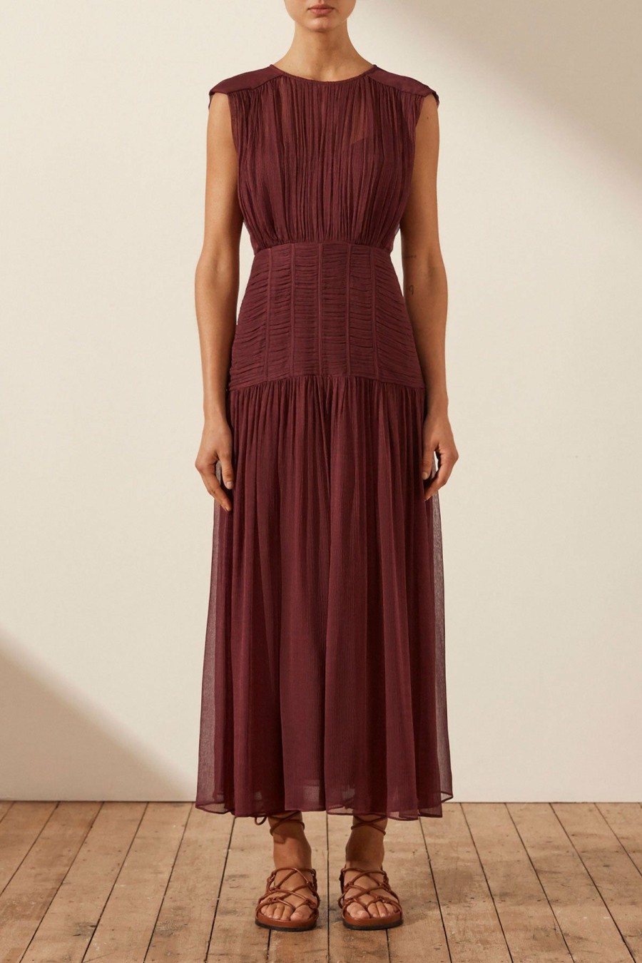 Clothing Shona Joy | Marquis Ruched Panelled Sleeveless Midi Dress - Deep Wine