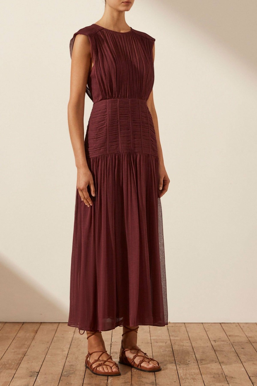 Clothing Shona Joy | Marquis Ruched Panelled Sleeveless Midi Dress - Deep Wine