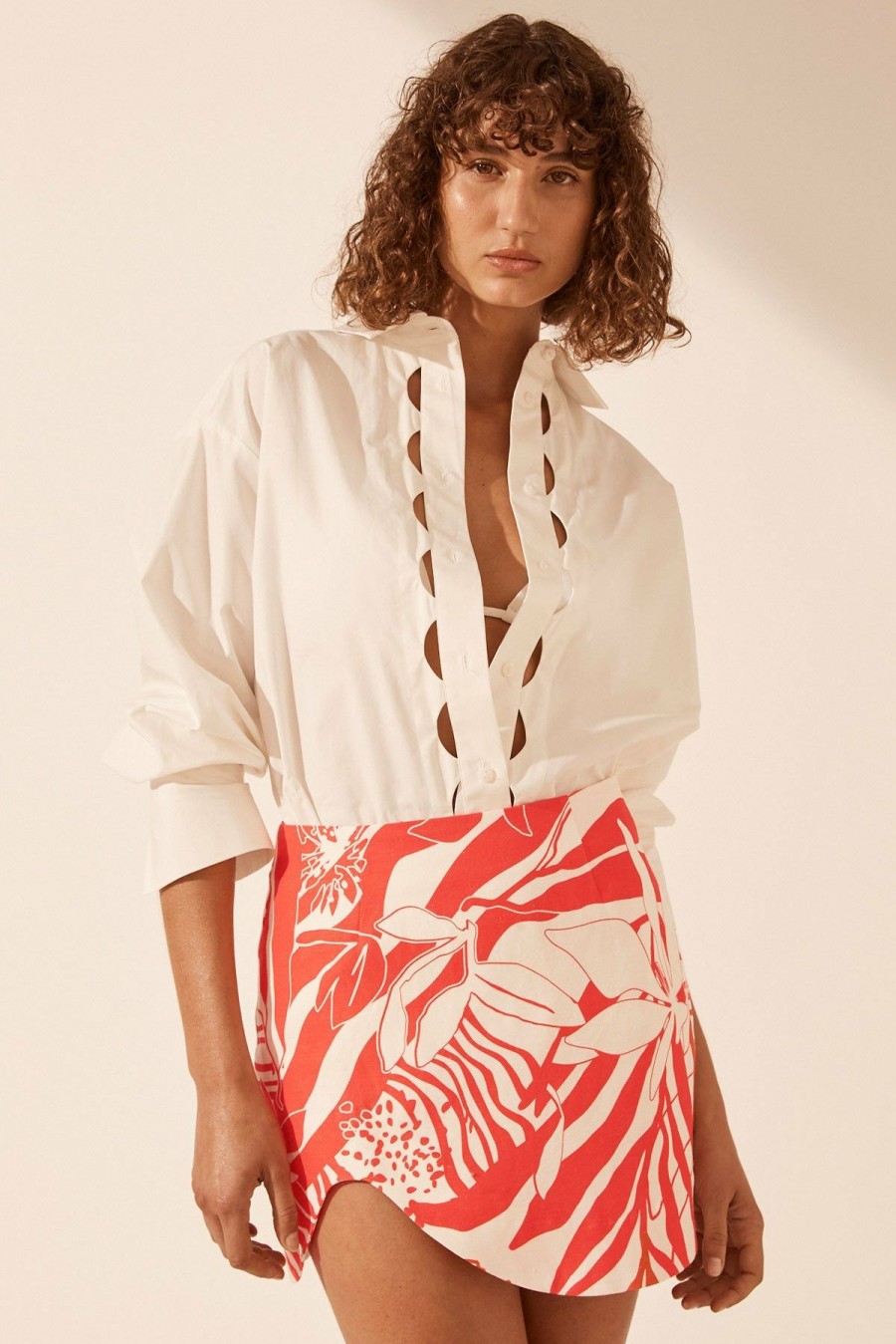 Clothing Shona Joy | Josephine Scallop Cut Out Oversized Shirt - Coconut