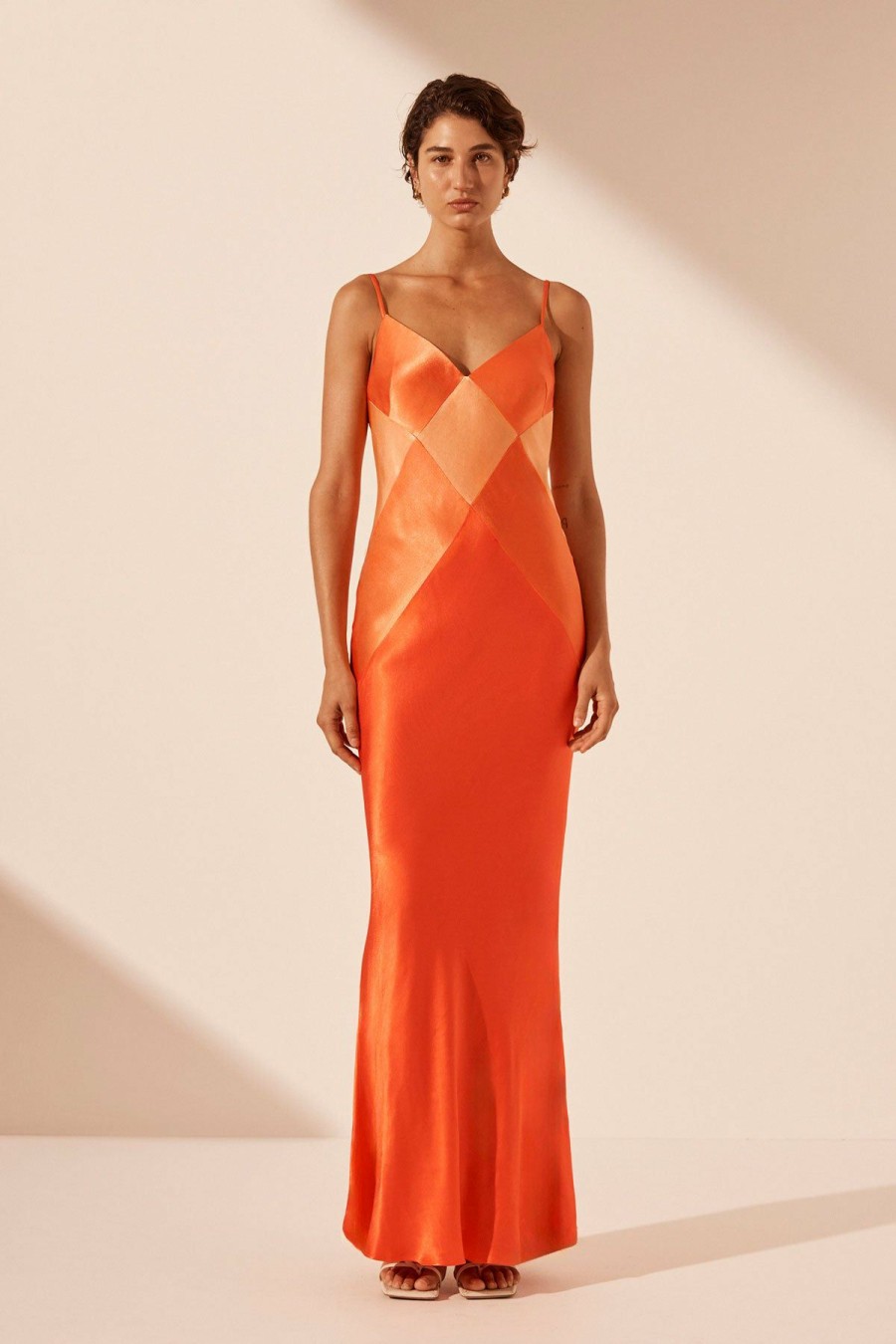 Clothing Shona Joy | Mia Contrast Spliced Maxi Dress - Red Orange / Hibiscus