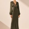 Clothing Shona Joy | La Lune Plunged Neck Balloon Sleeve Midi Dress - Forest