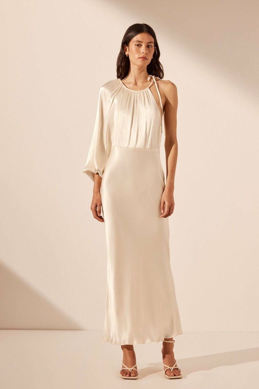 Clothing Shona Joy | La Lune One Shoulder Balloon Sleeve Midi Dress - Cream