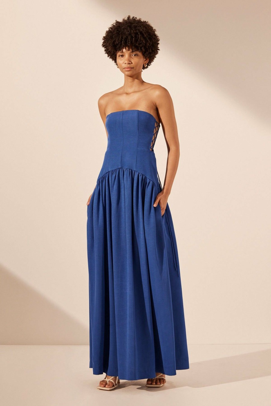 Clothing Shona Joy | Vento Lace Up Strapless Maxi Dress - Cobalt