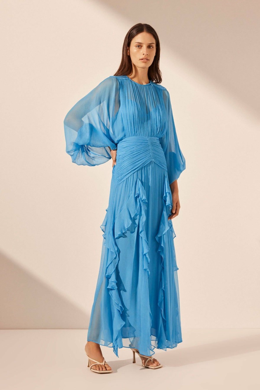 Clothing Shona Joy | Margot Round Neck Balloon Sleeve Maxi Dress - Aqua