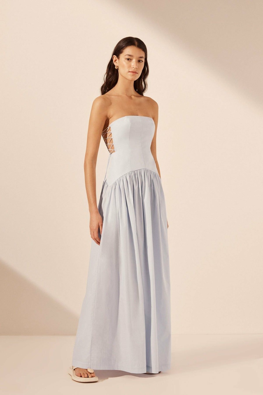 Clothing Shona Joy | Amada Lace Up Strapless Maxi Dress - Ice Blue