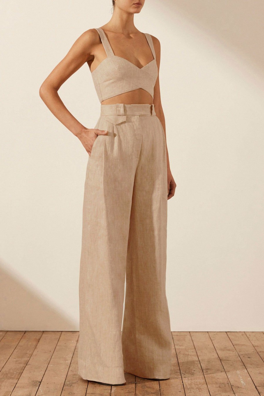 Clothing Shona Joy | Amanda Linen Tailored Wide Leg Pant - Sand