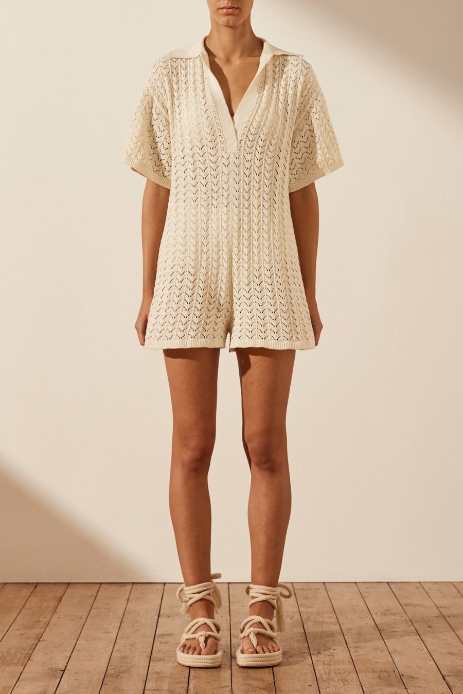 Clothing Shona Joy | Mikala Crochet Relaxed Playsuit - Coconut