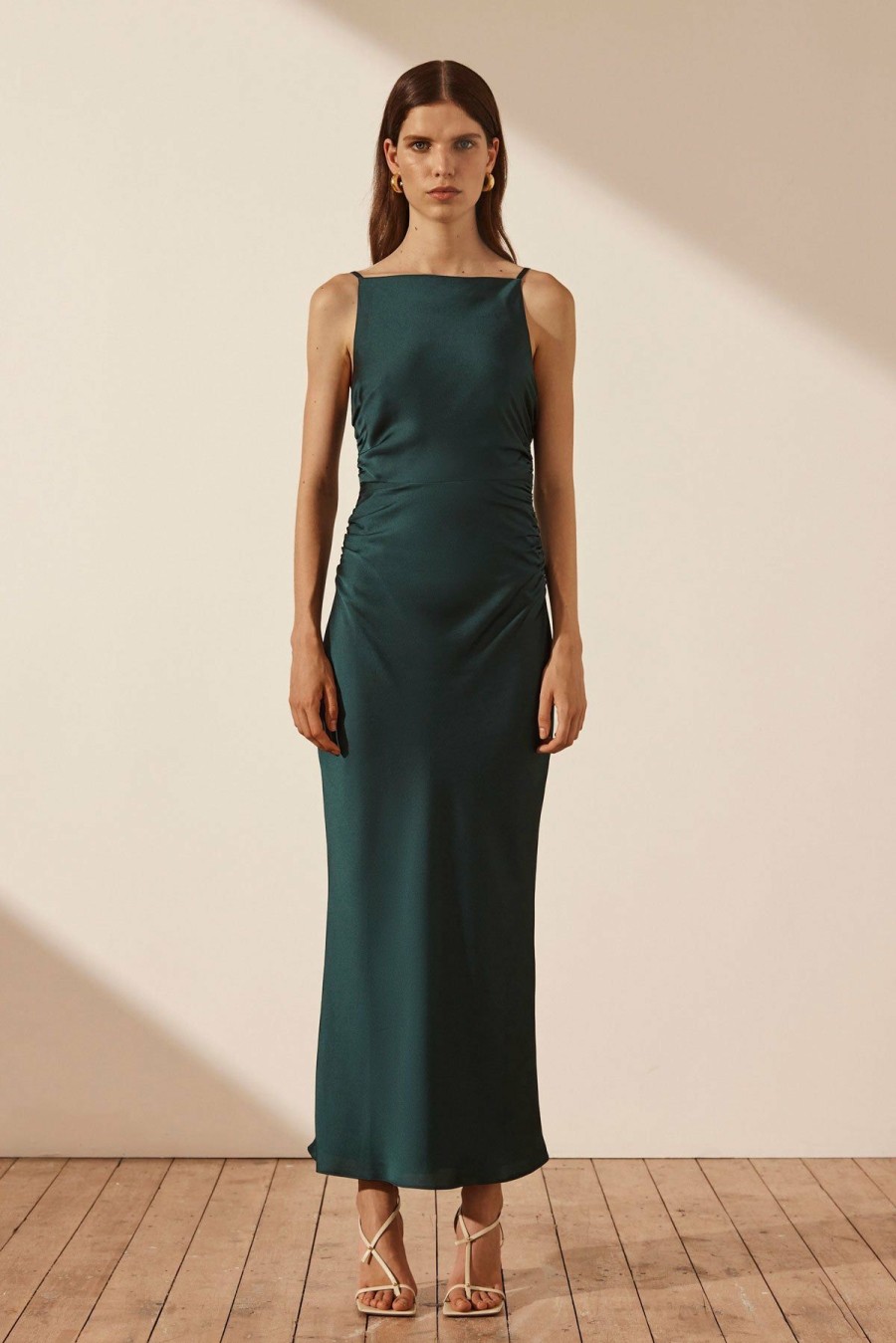 Clothing Shona Joy | Luxe High Neck Ruched Midi Dress - Emerald