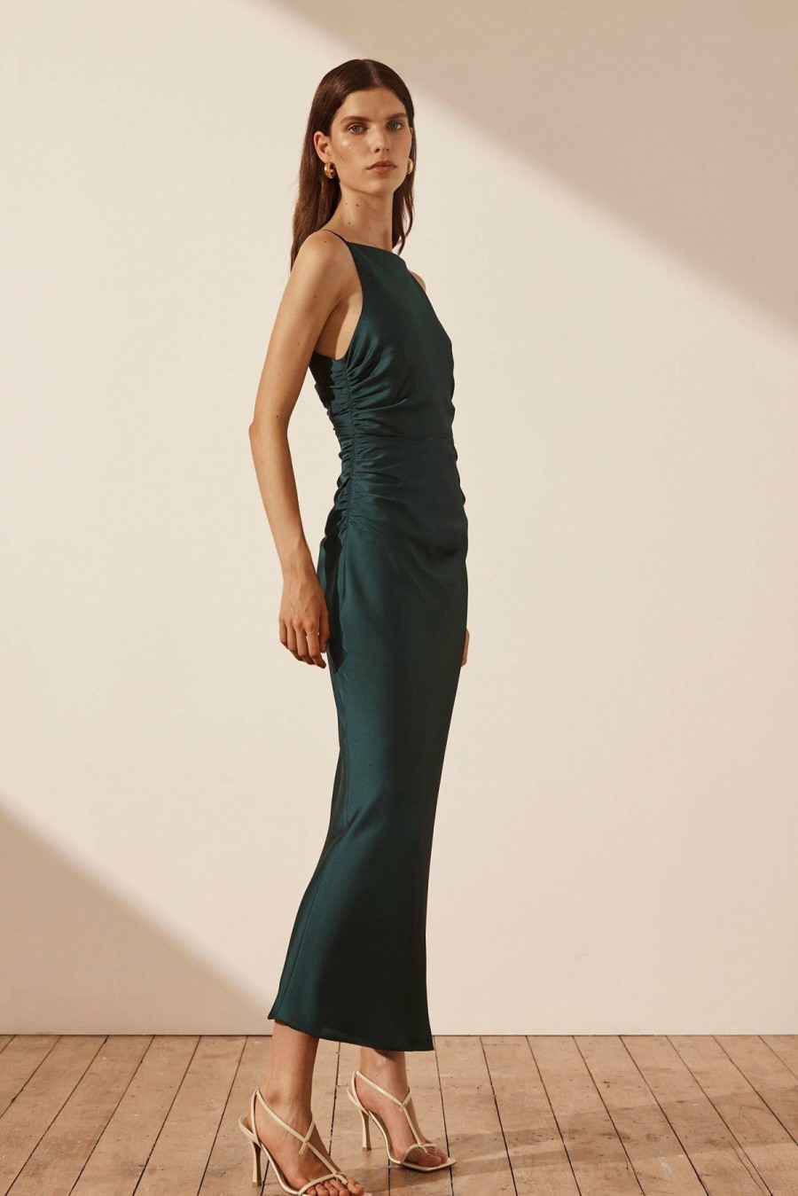 Clothing Shona Joy | Luxe High Neck Ruched Midi Dress - Emerald