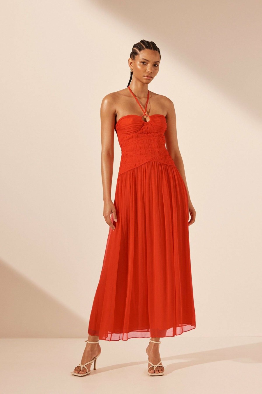 Clothing Shona Joy | Maya Halter Ring Ruched Bodice Midi Dress - Hibiscus