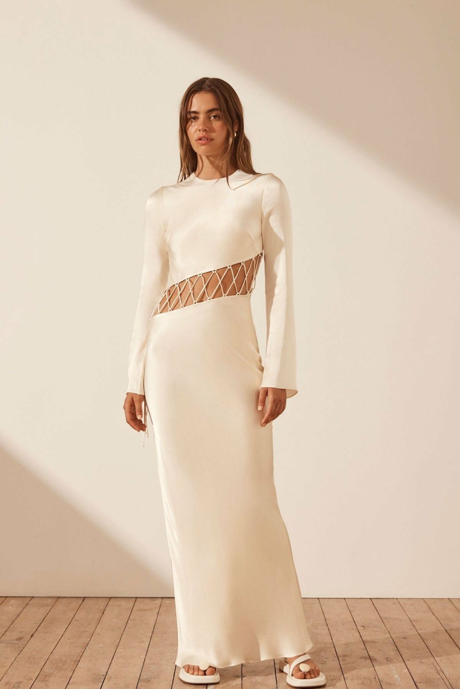 Clothing Shona Joy | Arienzo Asymmetrical Lace Up Maxi Dress - Cream