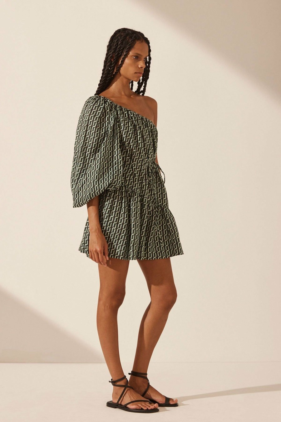 Swim Shona Joy | Ida Linen Long Sleeve One Shoulder Tiered Mini Dress