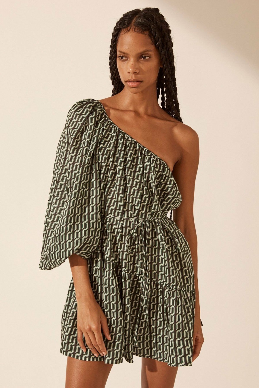 Swim Shona Joy | Ida Linen Long Sleeve One Shoulder Tiered Mini Dress