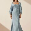 Clothing Shona Joy | Luxe Ruched Bodice Long Sleeve Midi Dress - Azure