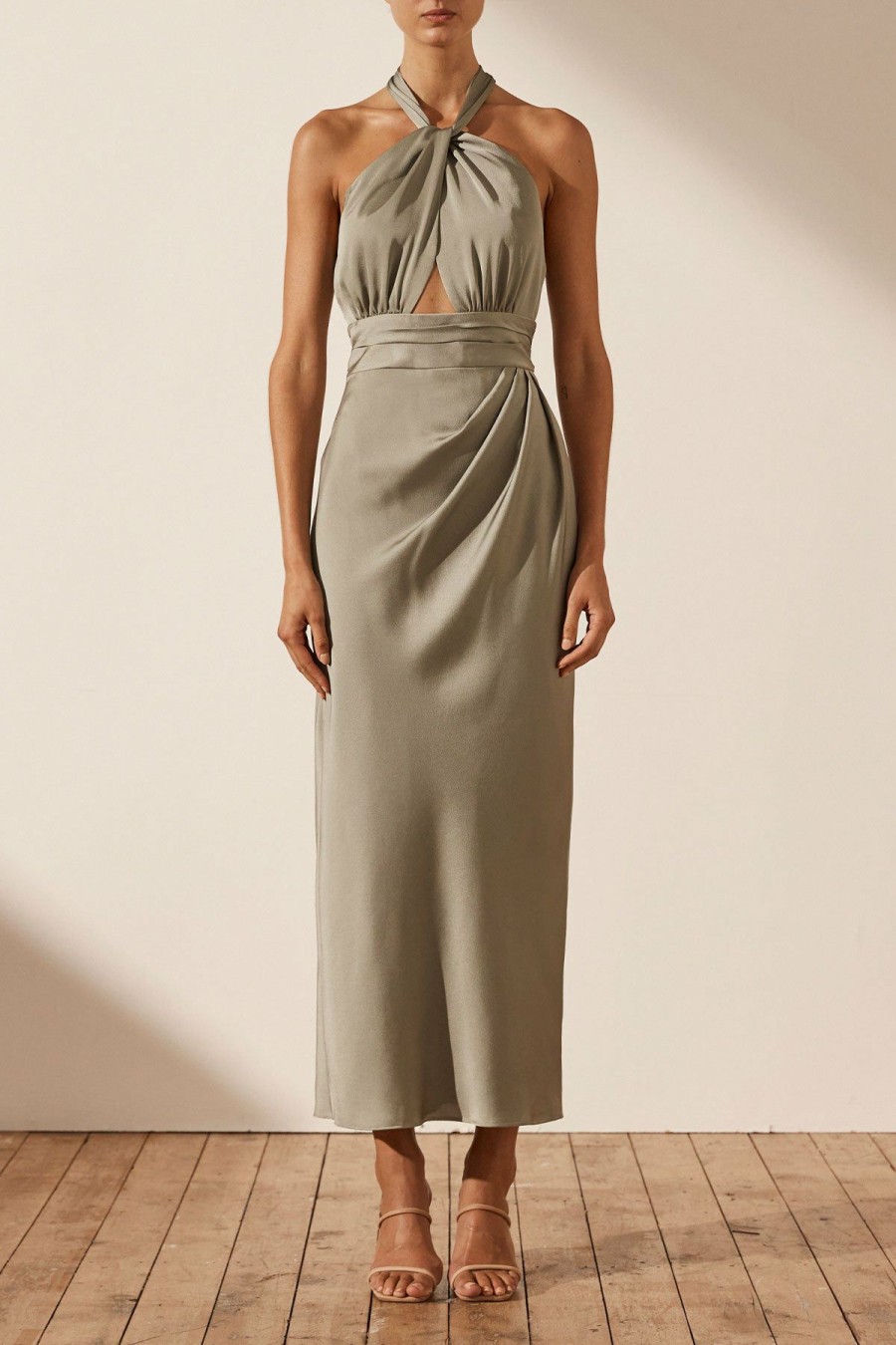 Clothing Shona Joy | Luxe Gathered Halter Midi Dress - Eucalyptus