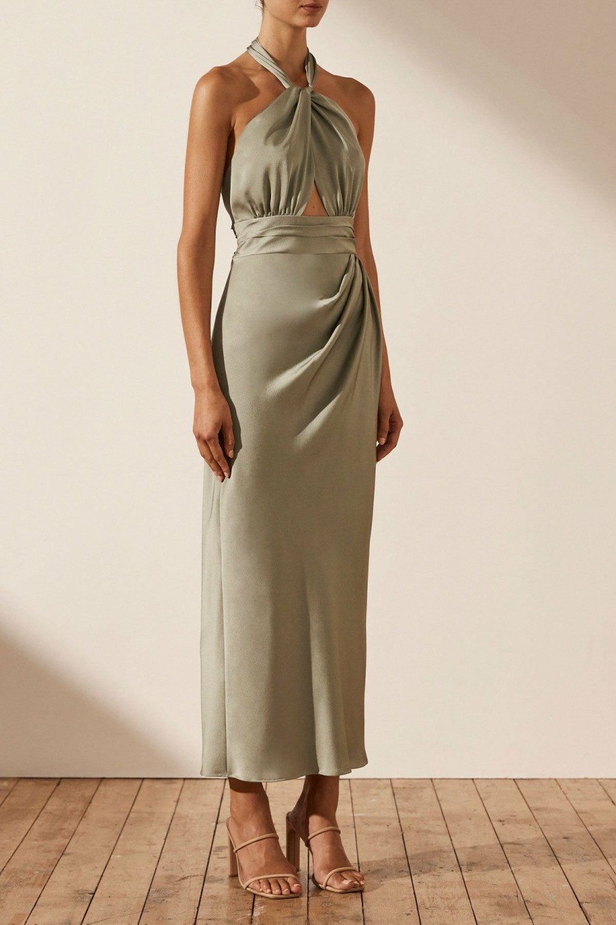 Clothing Shona Joy | Luxe Gathered Halter Midi Dress - Eucalyptus