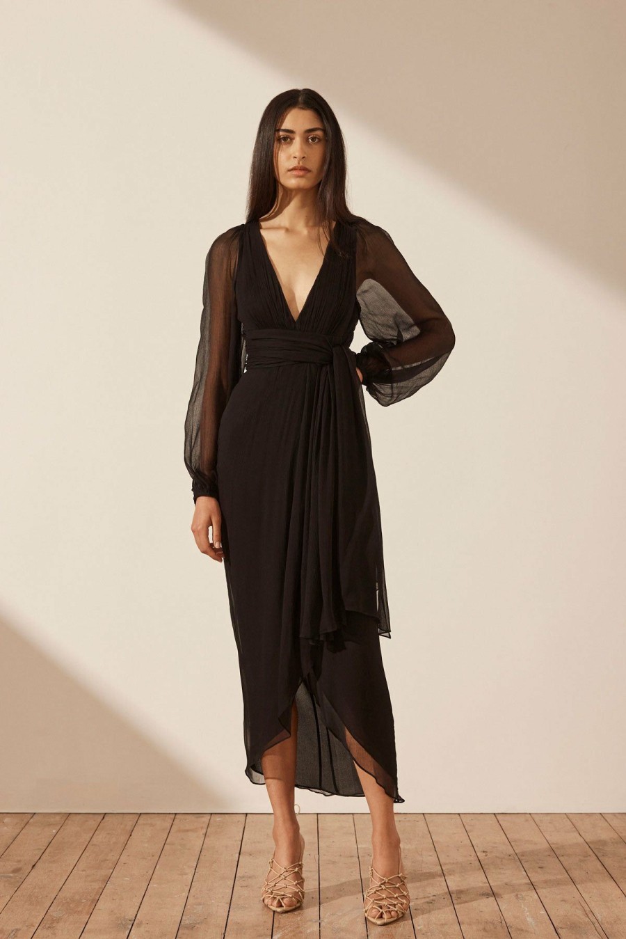 Clothing Shona Joy | Isola Plunged Long Sleeve Midi Dress - Black