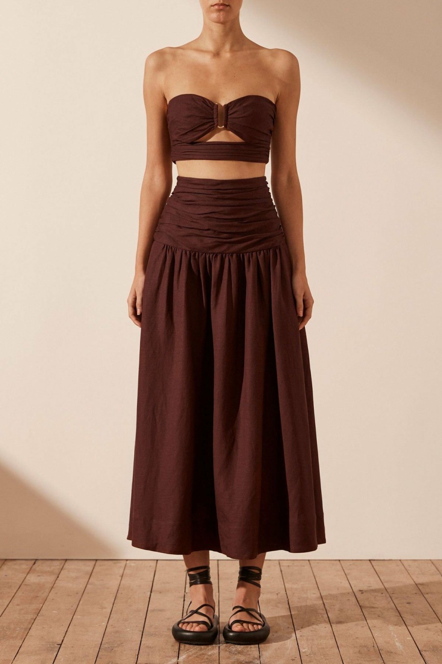 Clothing Shona Joy | Cezanne Linen Ruched Midi Skirt - Cocoa