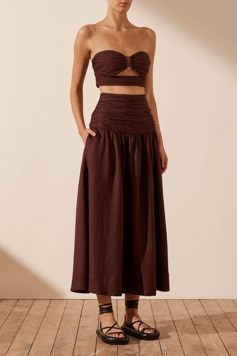 Clothing Shona Joy | Cezanne Linen Ruched Midi Skirt - Cocoa