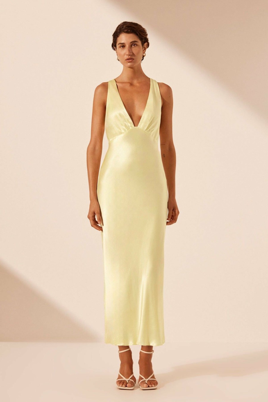 Clothing Shona Joy | La Lune Plunged Cross Back Midi Dress - Lemon