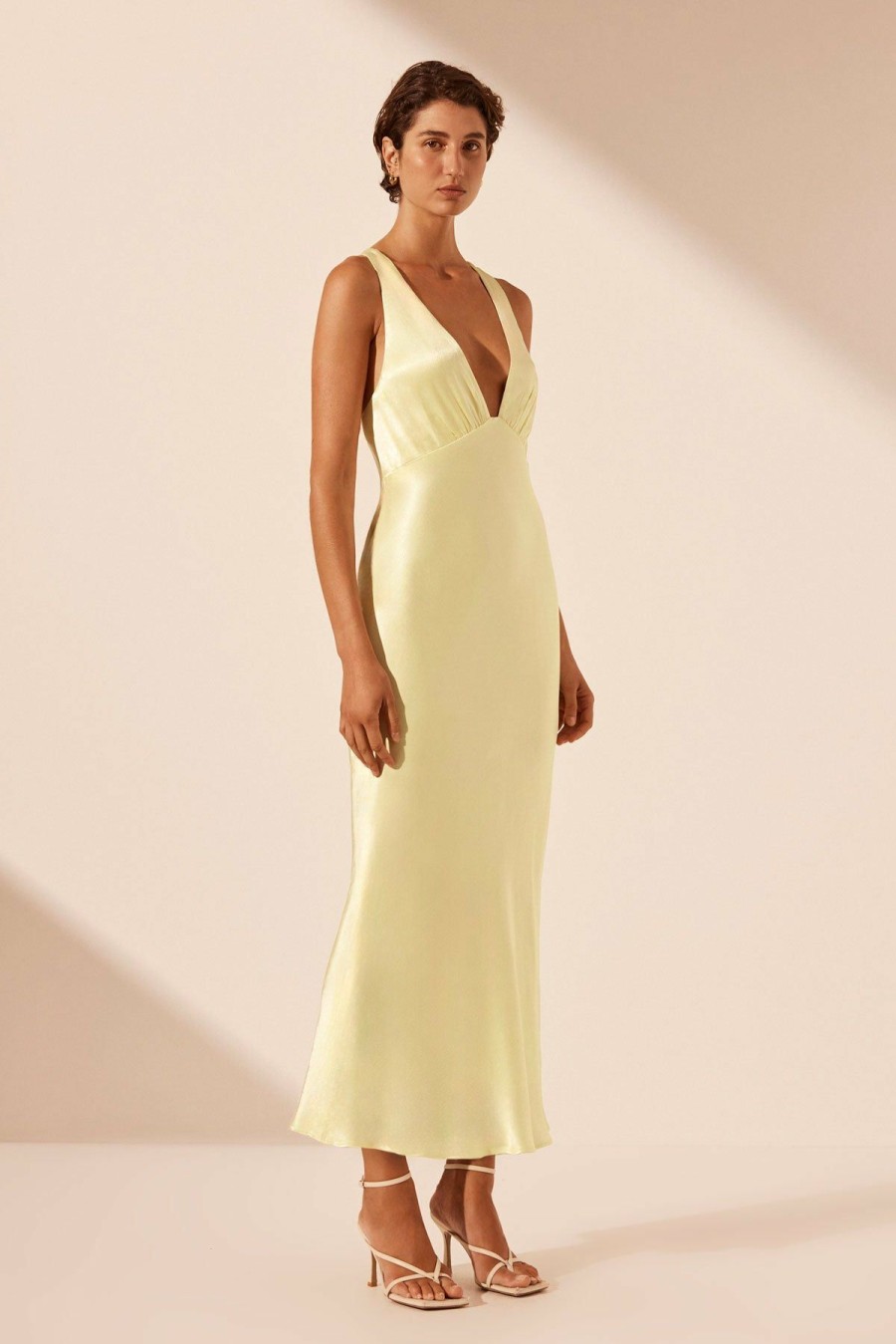 Clothing Shona Joy | La Lune Plunged Cross Back Midi Dress - Lemon