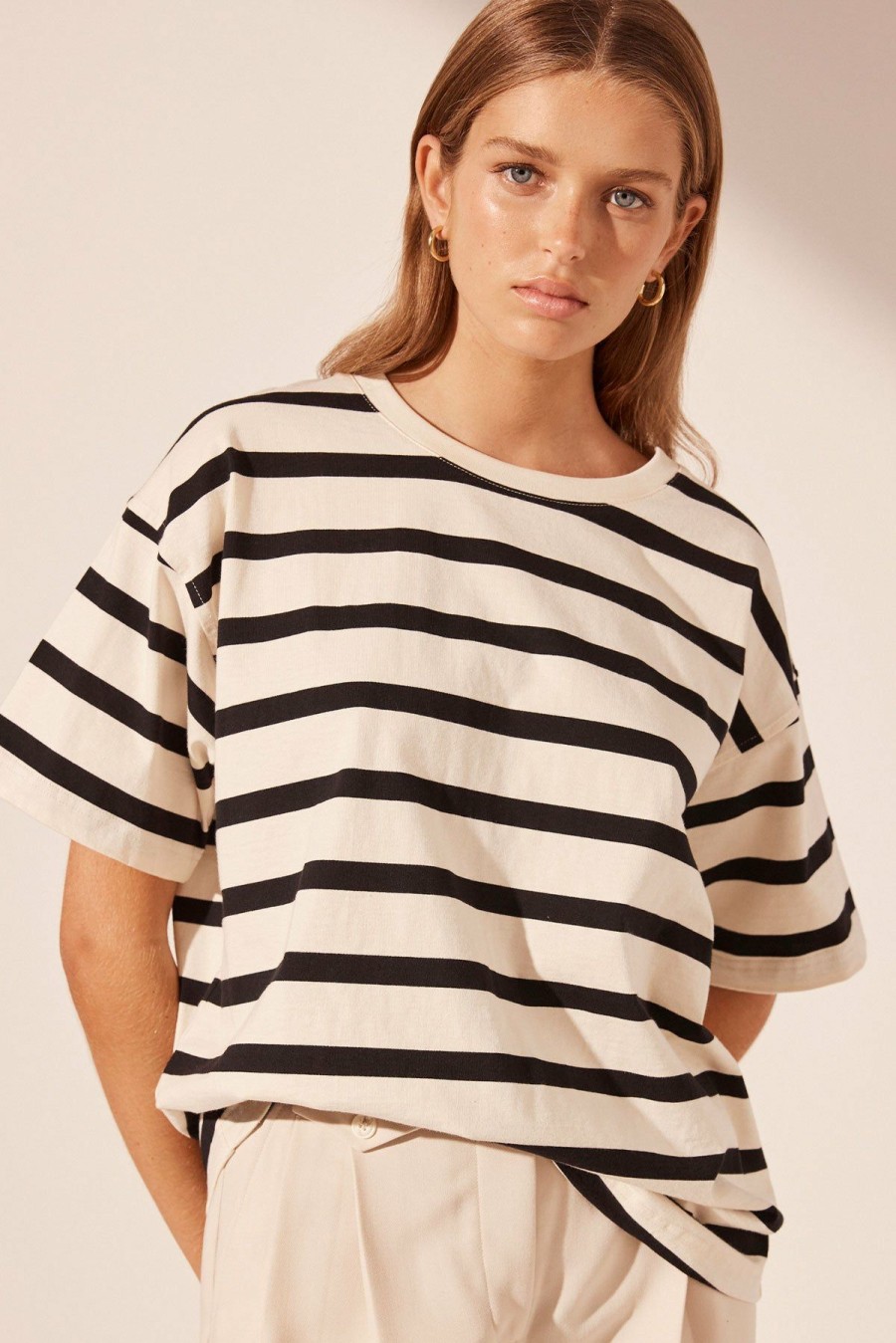 Clothing Shona Joy | Gia Oversized Stripe T-Shirt - Cream/Black