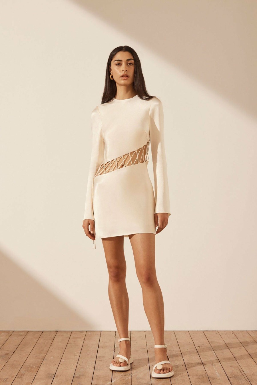 Clothing Shona Joy | Arienzo Asymmetrical Lace Up Mini Dress - Cream