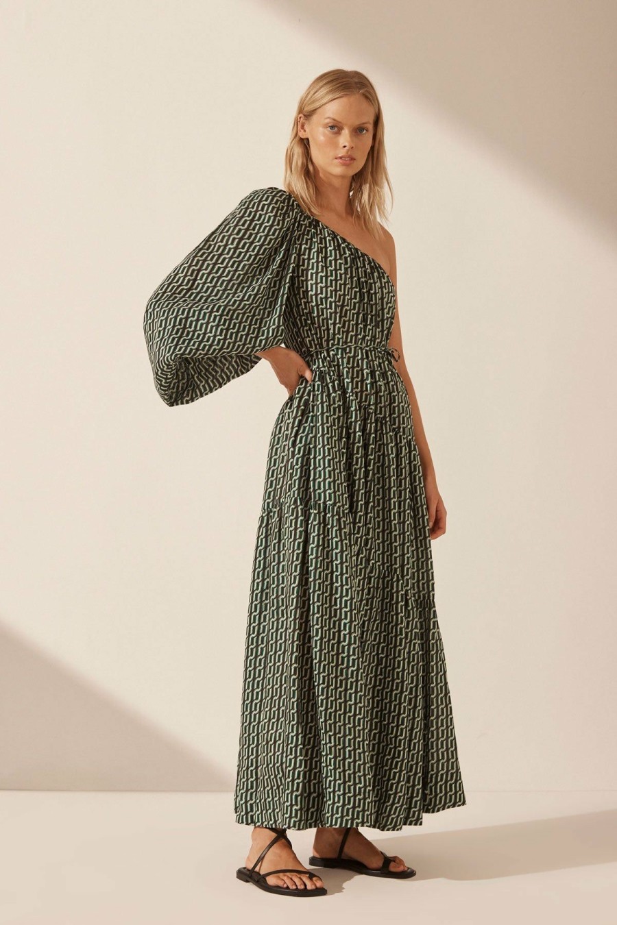 Swim Shona Joy | Ida Linen Long Sleeve One Shoulder Tiered Maxi Dress