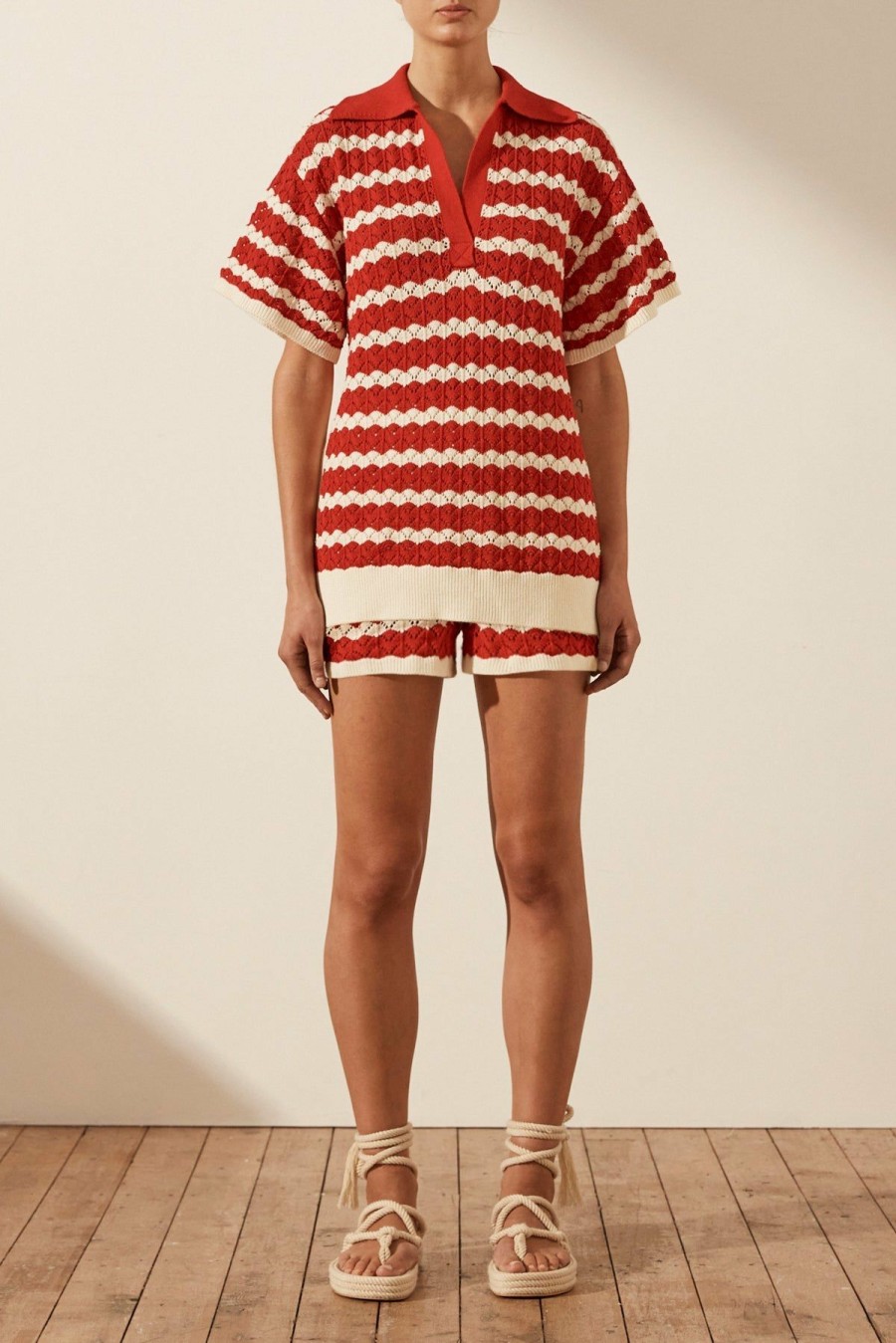 Clothing Shona Joy | Leonor Crochet Polo Relaxed Top - Roma Red/ Ivory