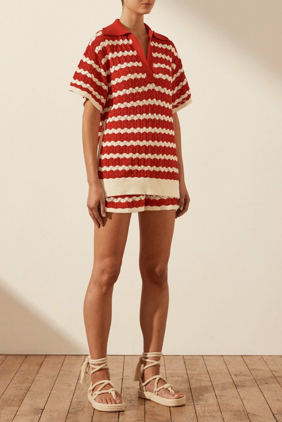 Clothing Shona Joy | Leonor Crochet Polo Relaxed Top - Roma Red/ Ivory