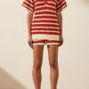 Clothing Shona Joy | Leonor Crochet Polo Relaxed Top - Roma Red/ Ivory