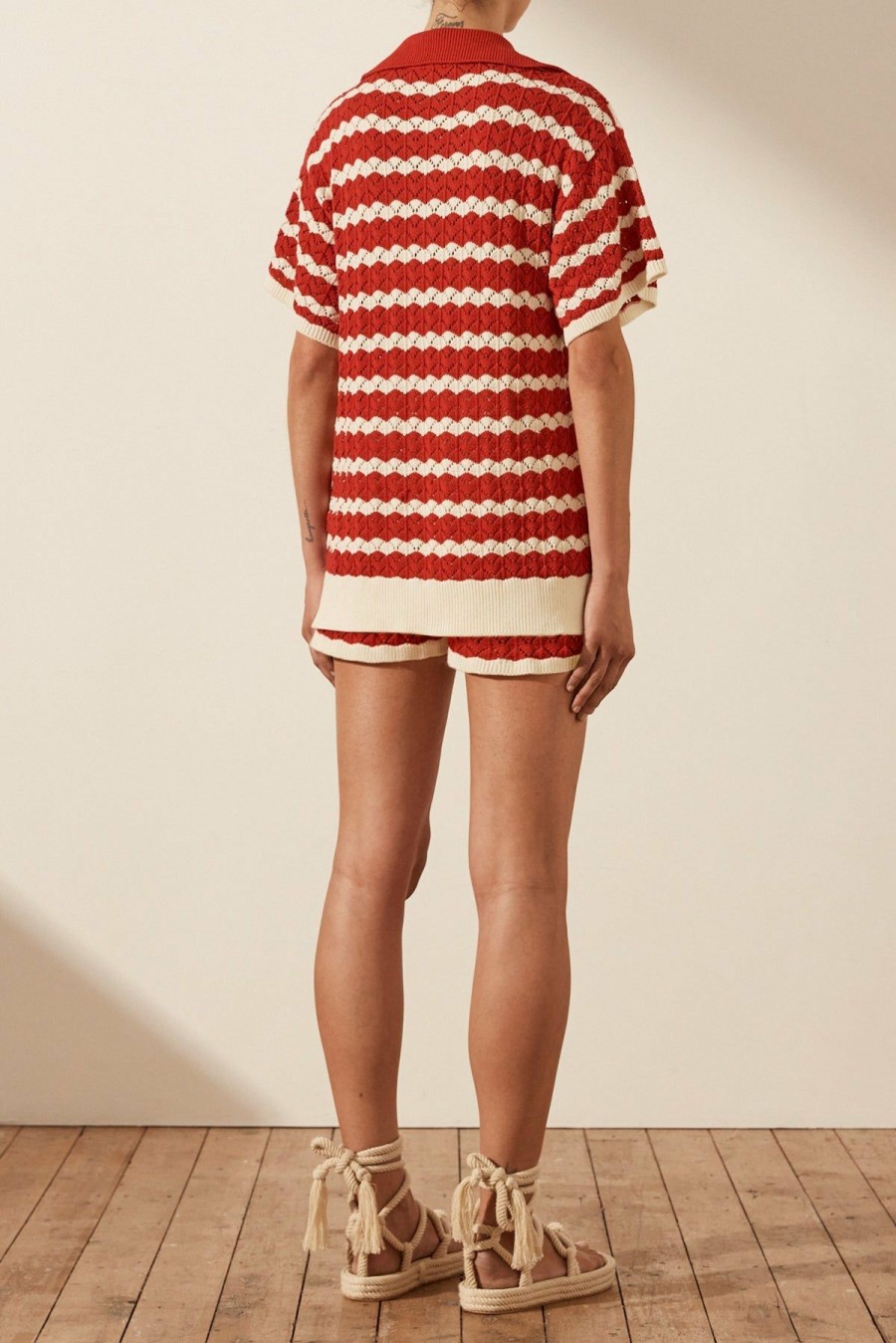 Clothing Shona Joy | Leonor Crochet Polo Relaxed Top - Roma Red/ Ivory